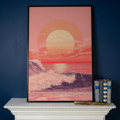 Ocean Sunset Canvas Art, Large Waves and Dramatic Clouds in black floating frame