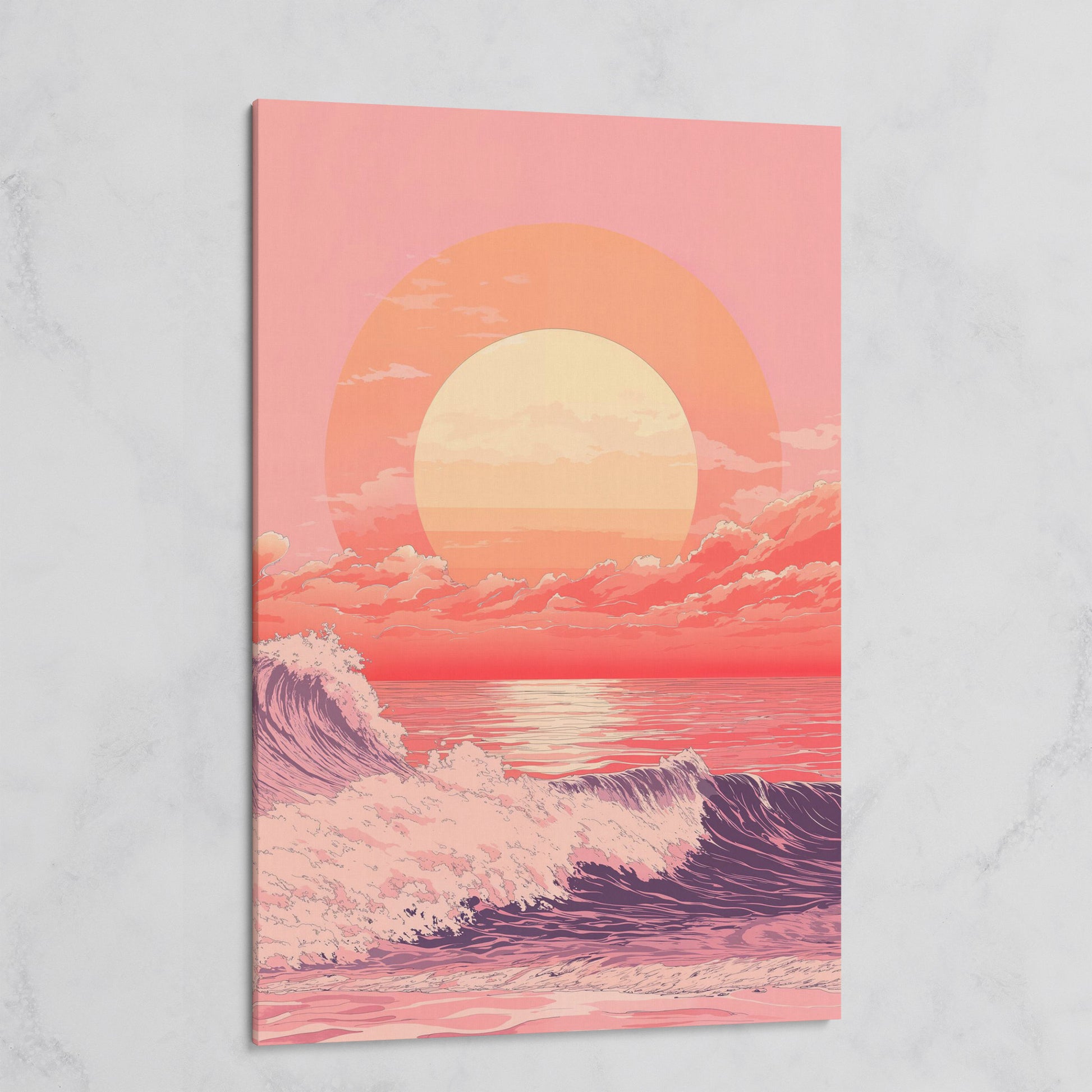 Ocean Sunset Canvas Art, Large Waves and Dramatic Clouds on gallery wrap