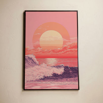 Ocean Sunset Canvas Art, Large Waves and Dramatic Clouds in dark walnut floating frame