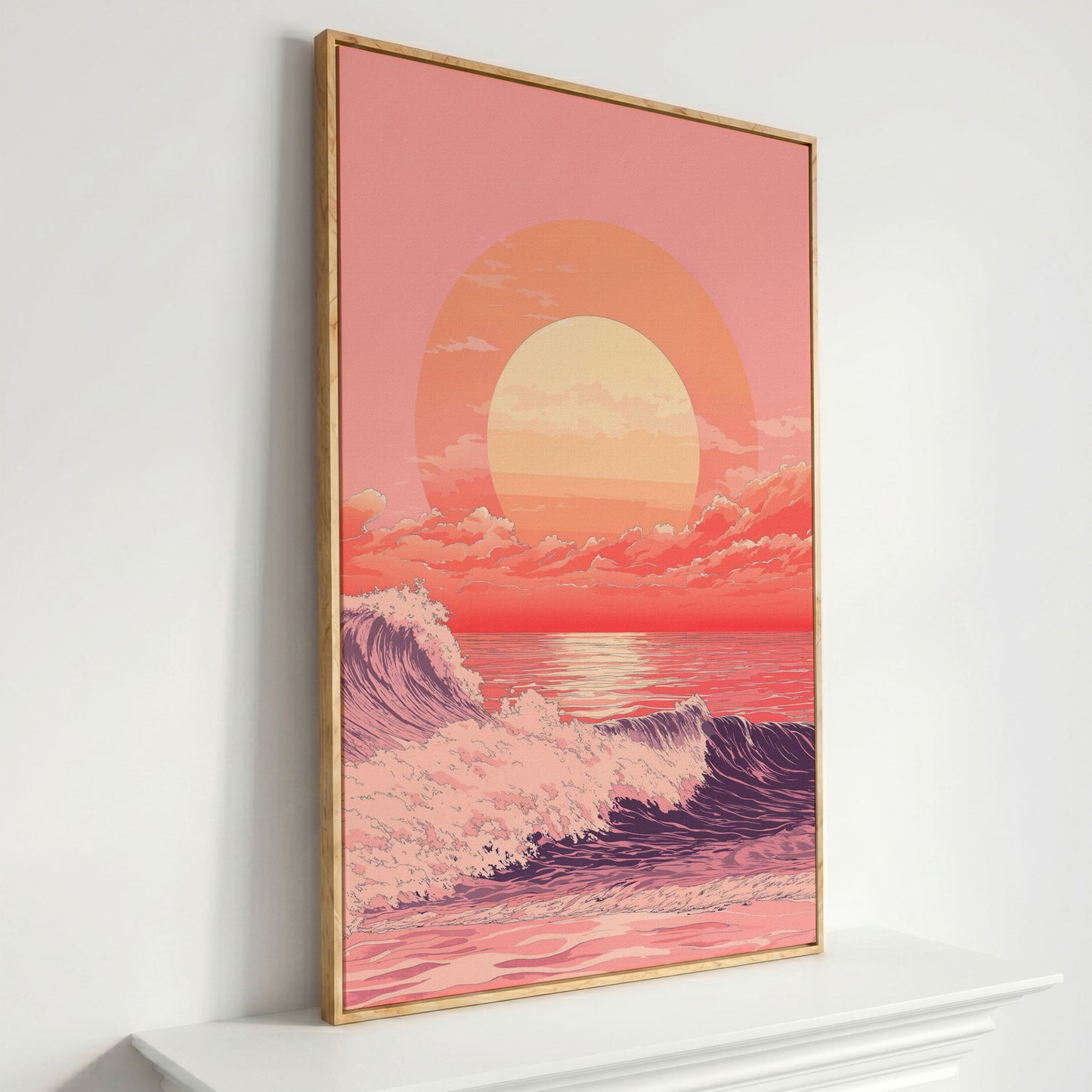 Ocean Sunset Canvas Art, Large Waves and Dramatic Clouds in white oak floating frame