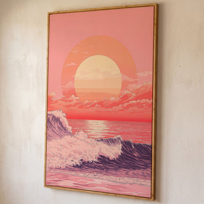 Ocean Sunset Canvas Art, Large Waves and Dramatic Clouds shown in white oak floating frame