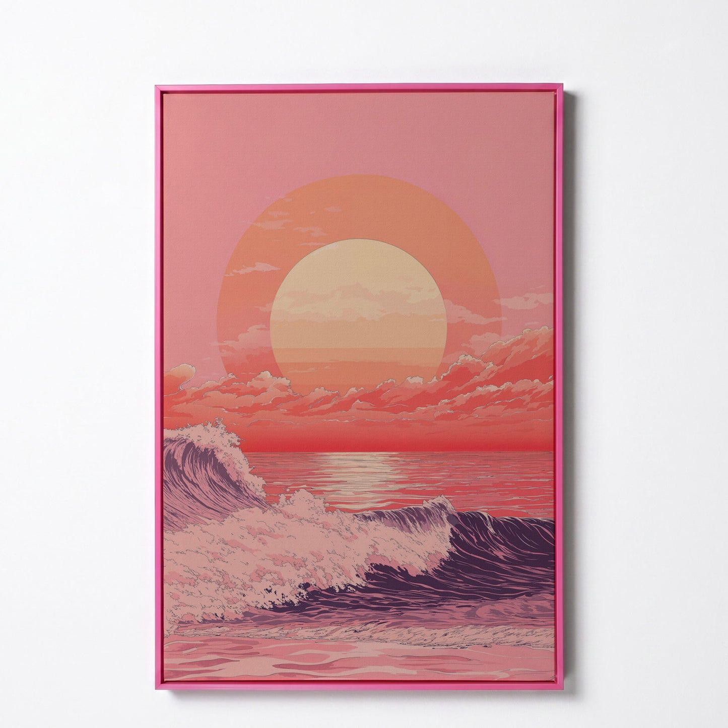 Ocean Sunset Canvas Art, Large Waves and Dramatic Clouds in pink floating frame