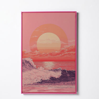 Ocean Sunset Canvas Art, Large Waves and Dramatic Clouds in pink floating frame