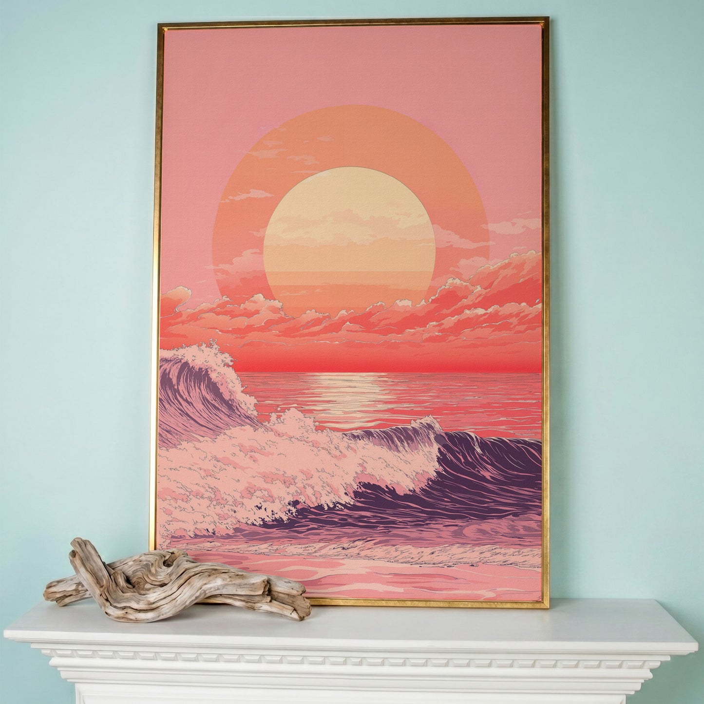 Ocean Sunset Canvas Art, Large Waves and Dramatic Clouds in rose gold floating frame