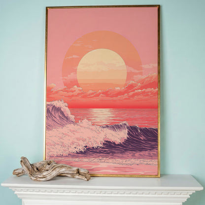 Ocean Sunset Canvas Art, Large Waves and Dramatic Clouds in rose gold floating frame