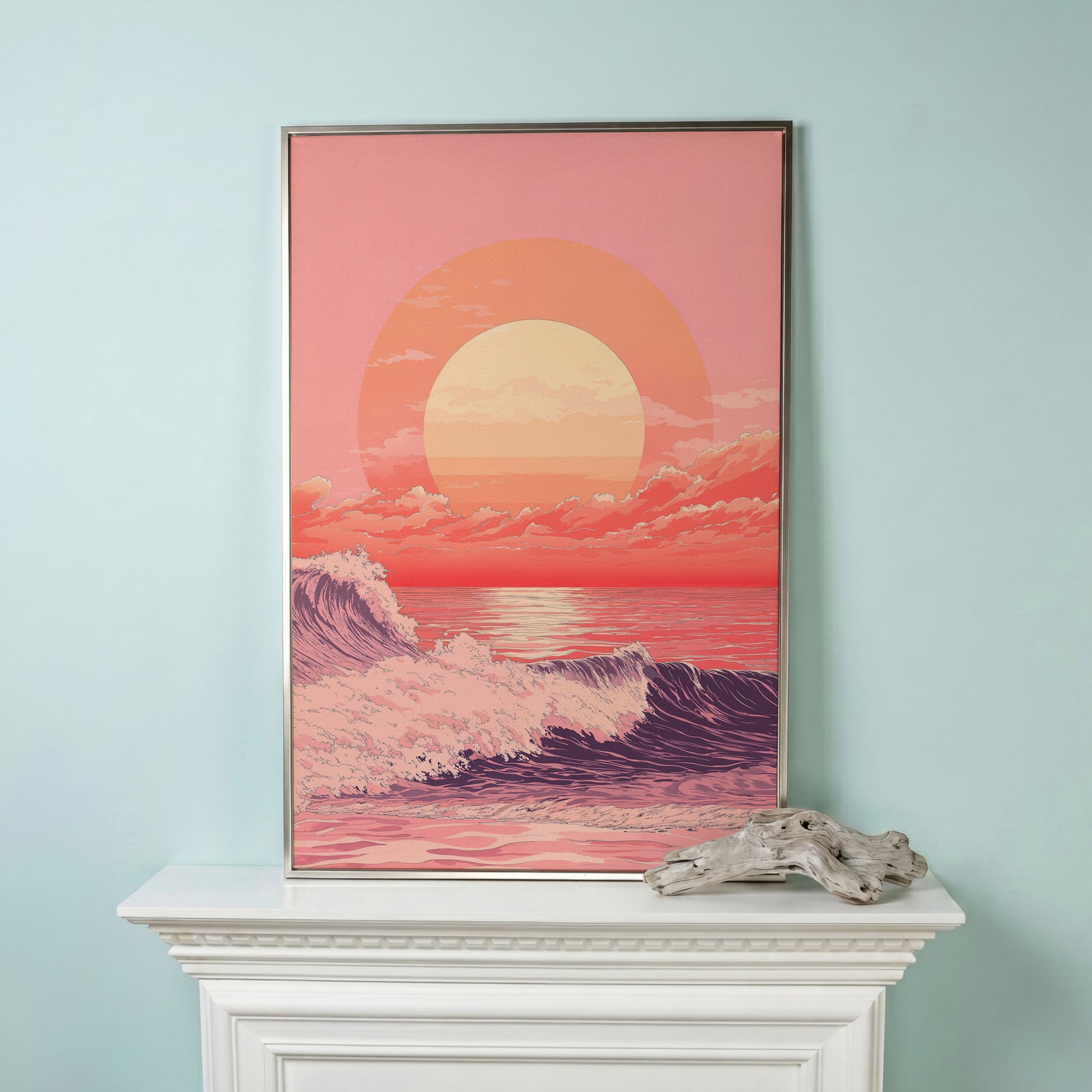 Ocean Sunset Canvas Art, Large Waves and Dramatic Clouds in silver floating frame