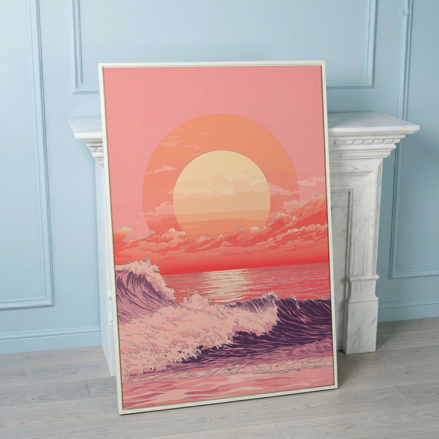 Ocean Sunset Canvas Art, Large Waves and Dramatic Clouds in white floating frame