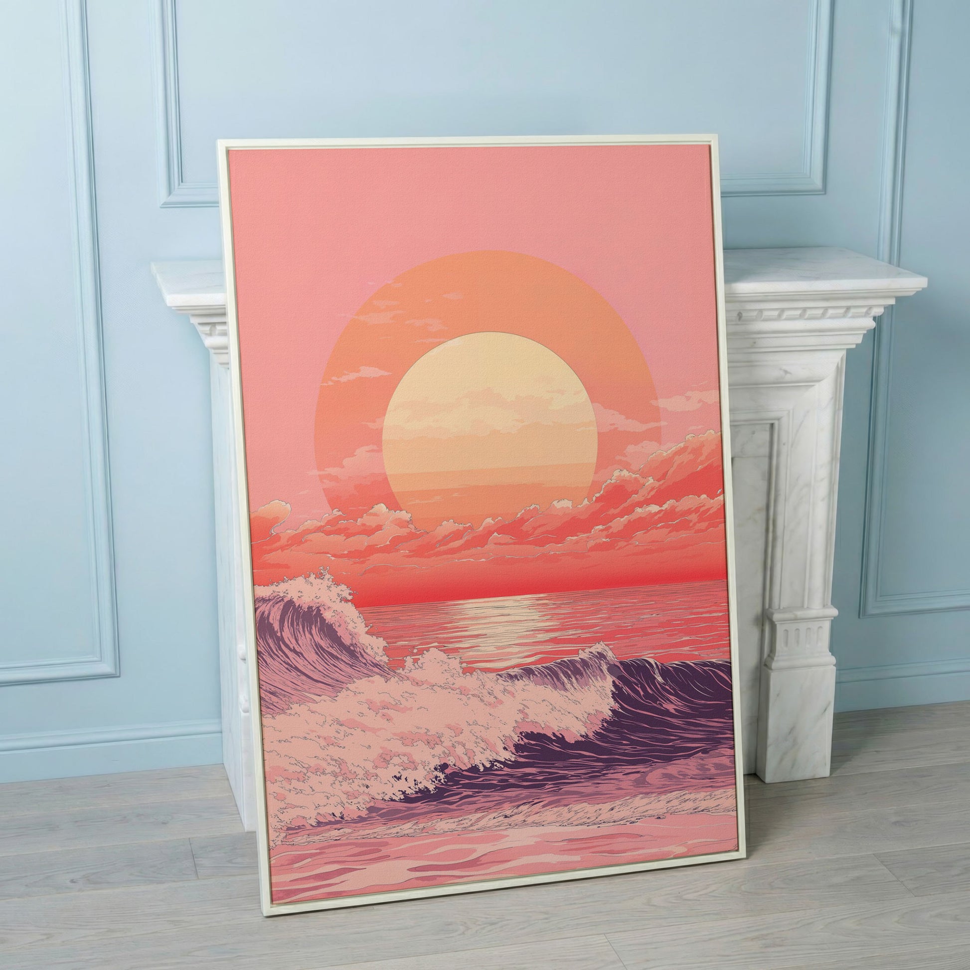 Ocean Sunset Canvas Art, Large Waves and Dramatic Clouds in white floating frame