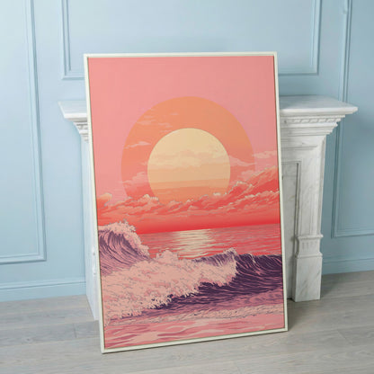 Ocean Sunset Canvas Art, Large Waves and Dramatic Clouds in white floating frame