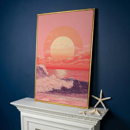 Ocean Sunset Canvas Art, Large Waves and Dramatic Clouds in yellow gold floating frame