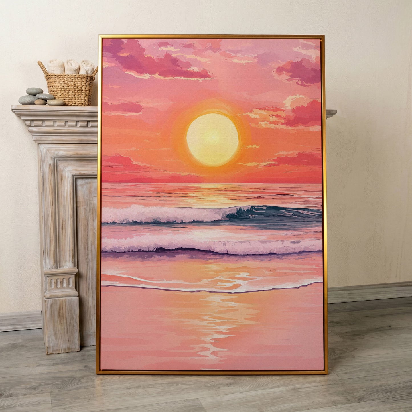 Sunset Over the Ocean Waves Canvas Wall Art in antique gold floating frame