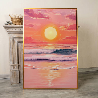Sunset Over the Ocean Waves Canvas Wall Art in antique gold floating frame