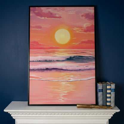 Sunset Over the Ocean Waves Canvas Wall Art in black floating frame