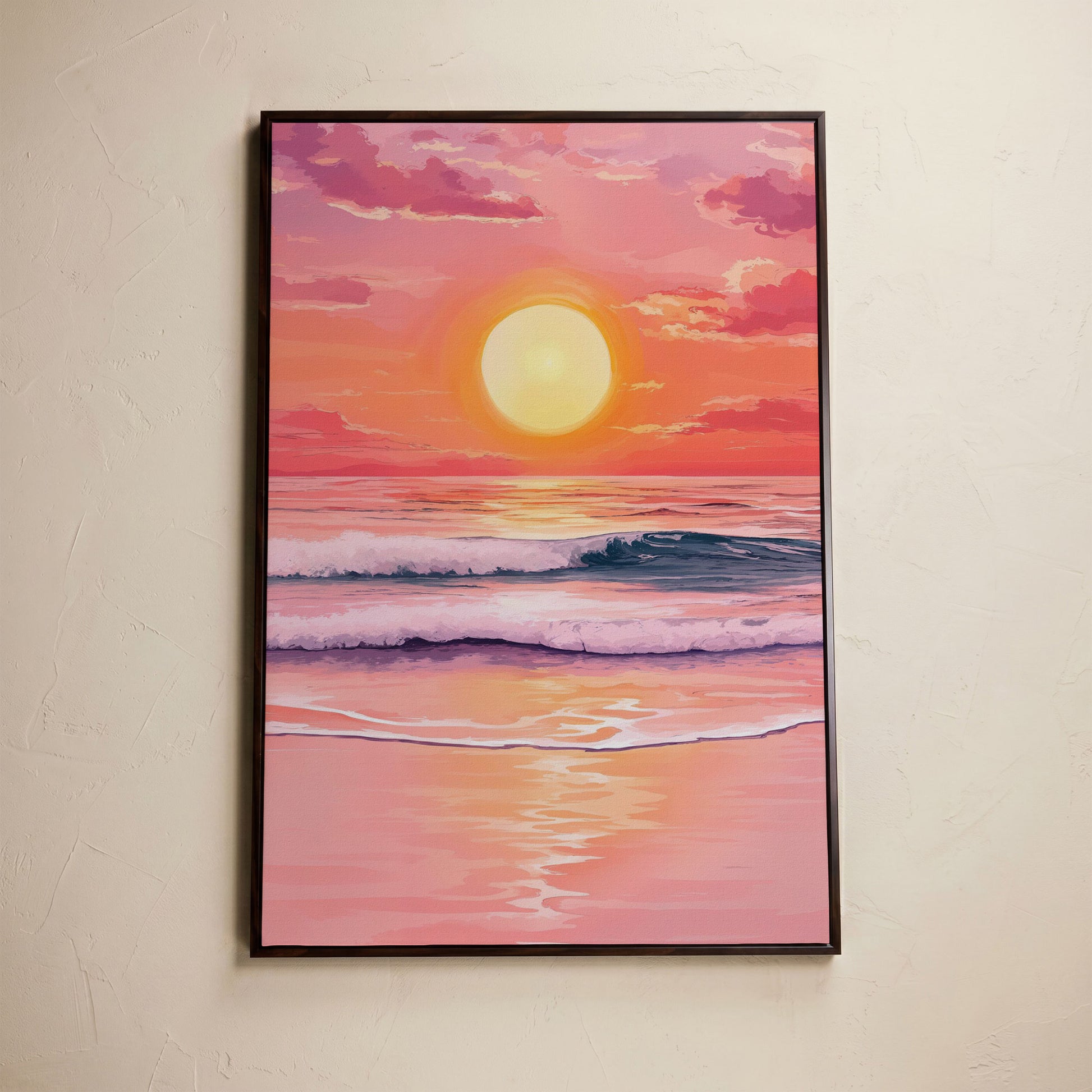 Sunset Over the Ocean Waves Canvas Wall Art in dark walnut floating frame