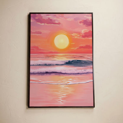 Sunset Over the Ocean Waves Canvas Wall Art in dark walnut floating frame