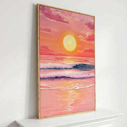 Sunset Over the Ocean Waves Canvas Wall Art in white oak floating frame