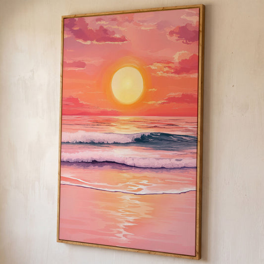 Sunset Over the Ocean Waves Canvas Wall Art shown in white oak floating frame