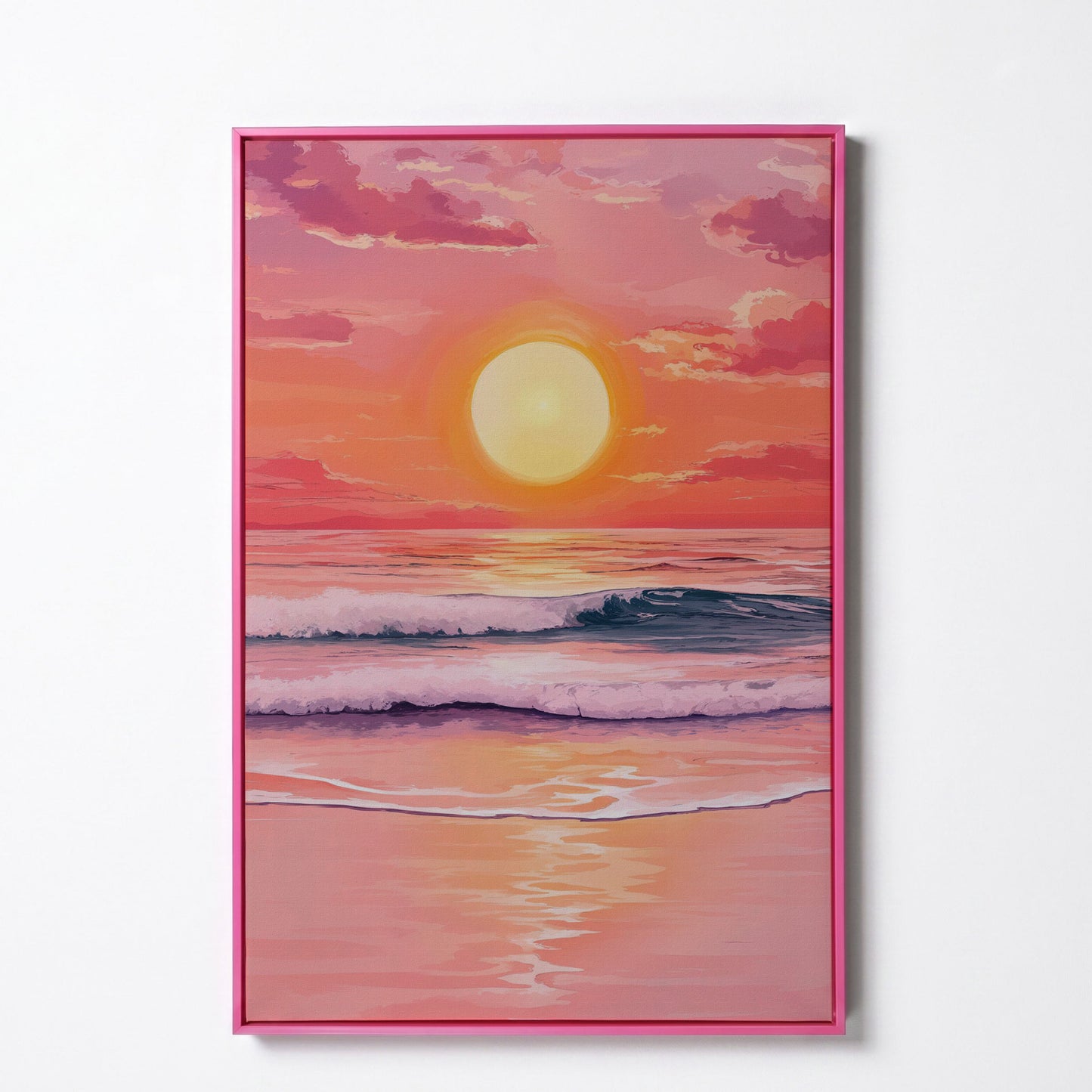 Sunset Over the Ocean Waves Canvas Wall Art in pink floating frame