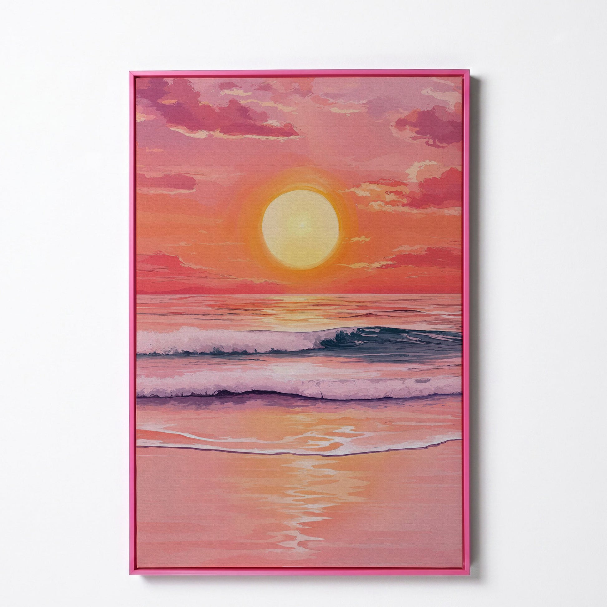 Sunset Over the Ocean Waves Canvas Wall Art in pink floating frame