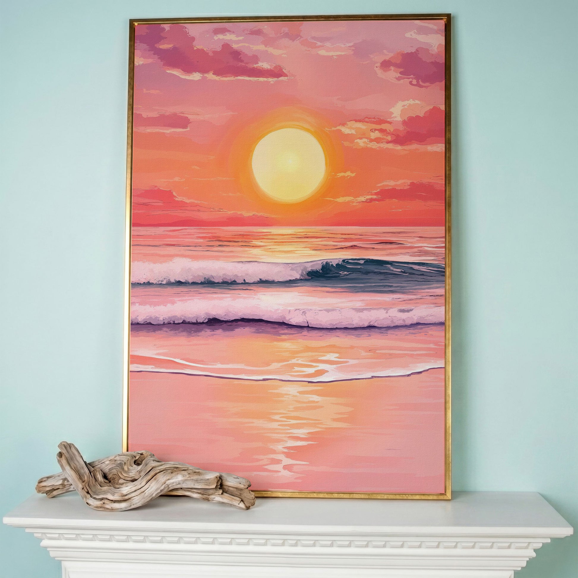 Sunset Over the Ocean Waves Canvas Wall Art in rose gold floating frame
