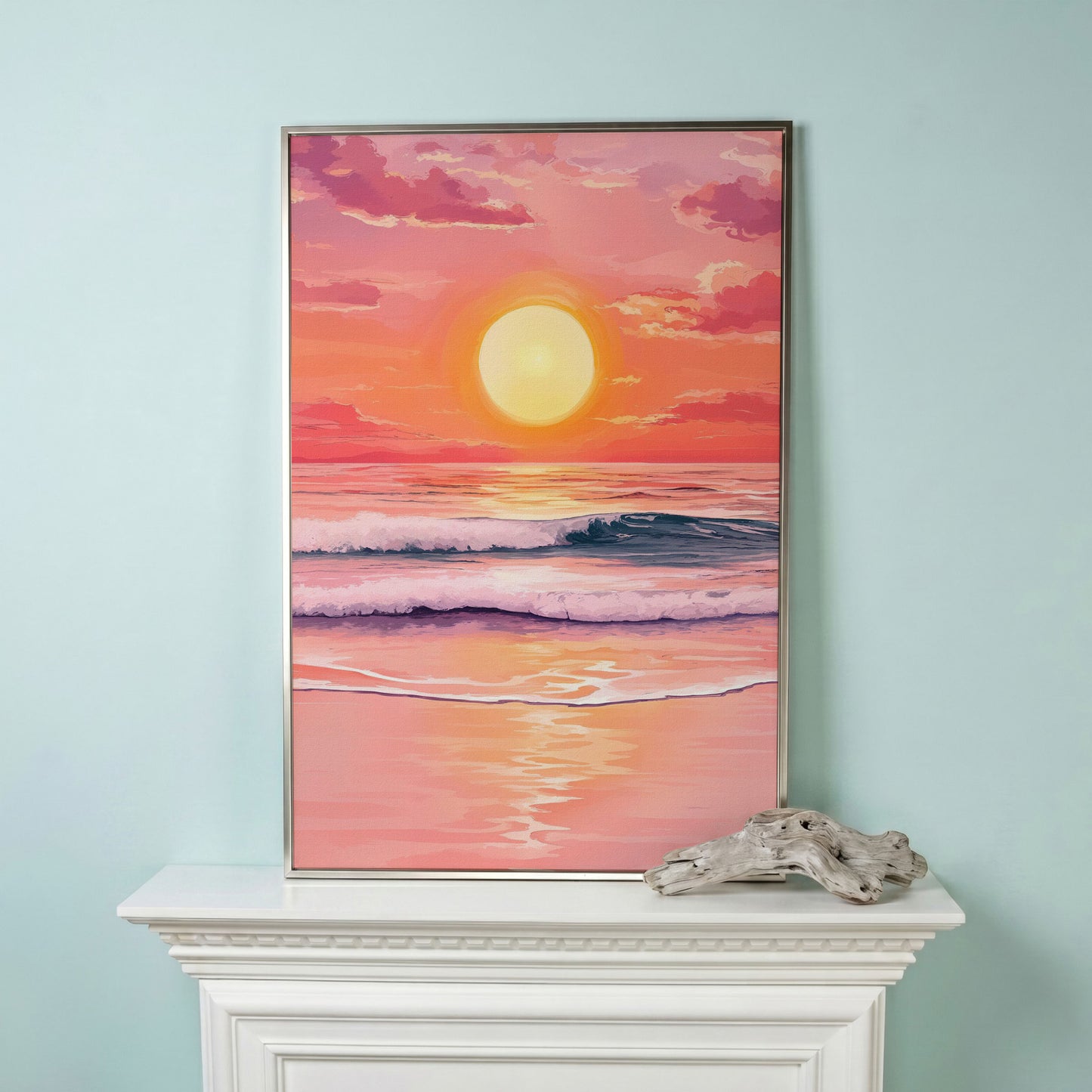 Sunset Over the Ocean Waves Canvas Wall Art in silver floating frame