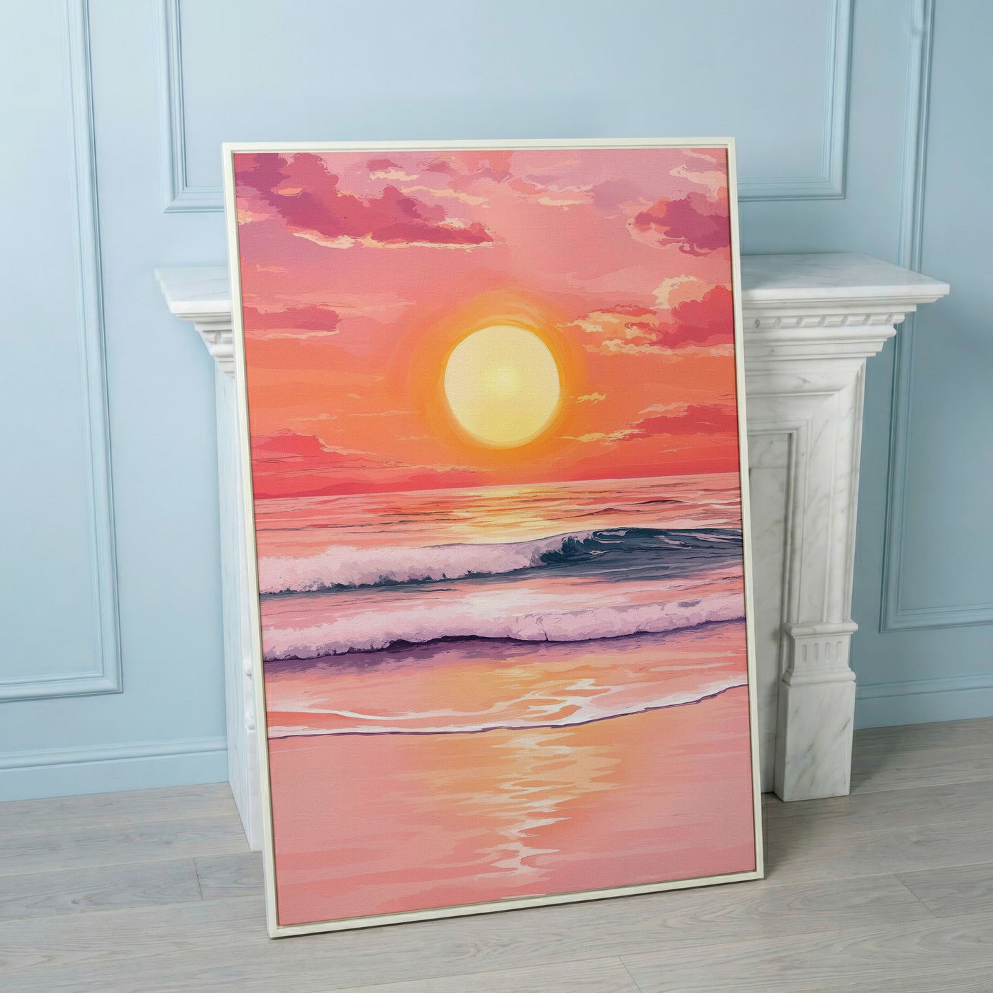 Sunset Over the Ocean Waves Canvas Wall Art in white floating frame
