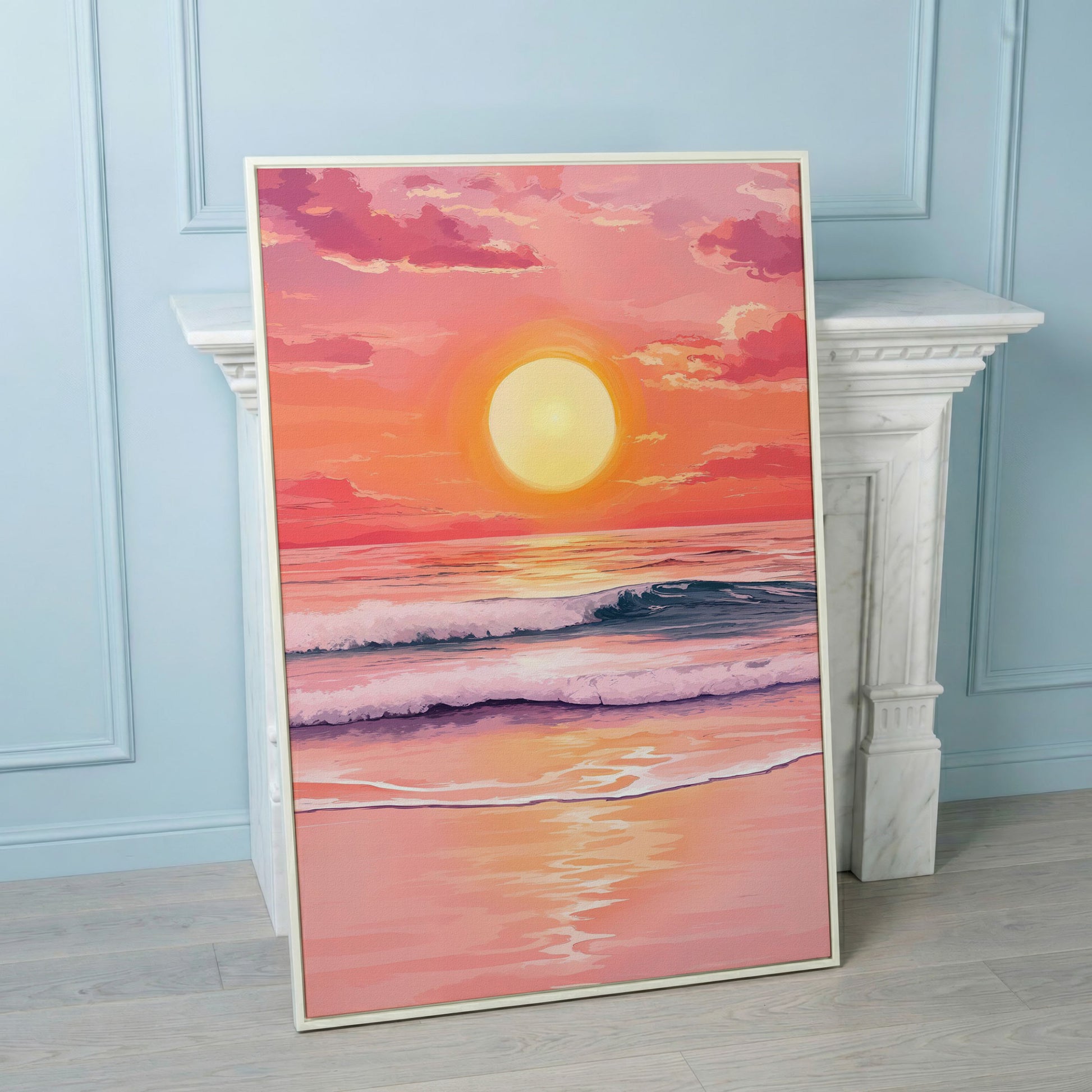 Sunset Over the Ocean Waves Canvas Wall Art in white floating frame