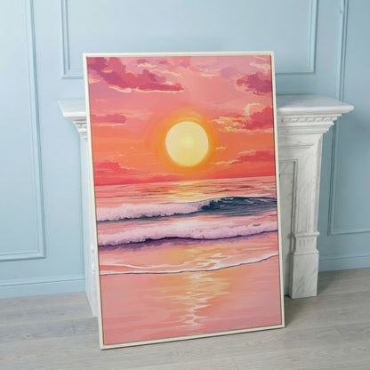 Sunset Over the Ocean Waves Canvas Wall Art in white floating frame