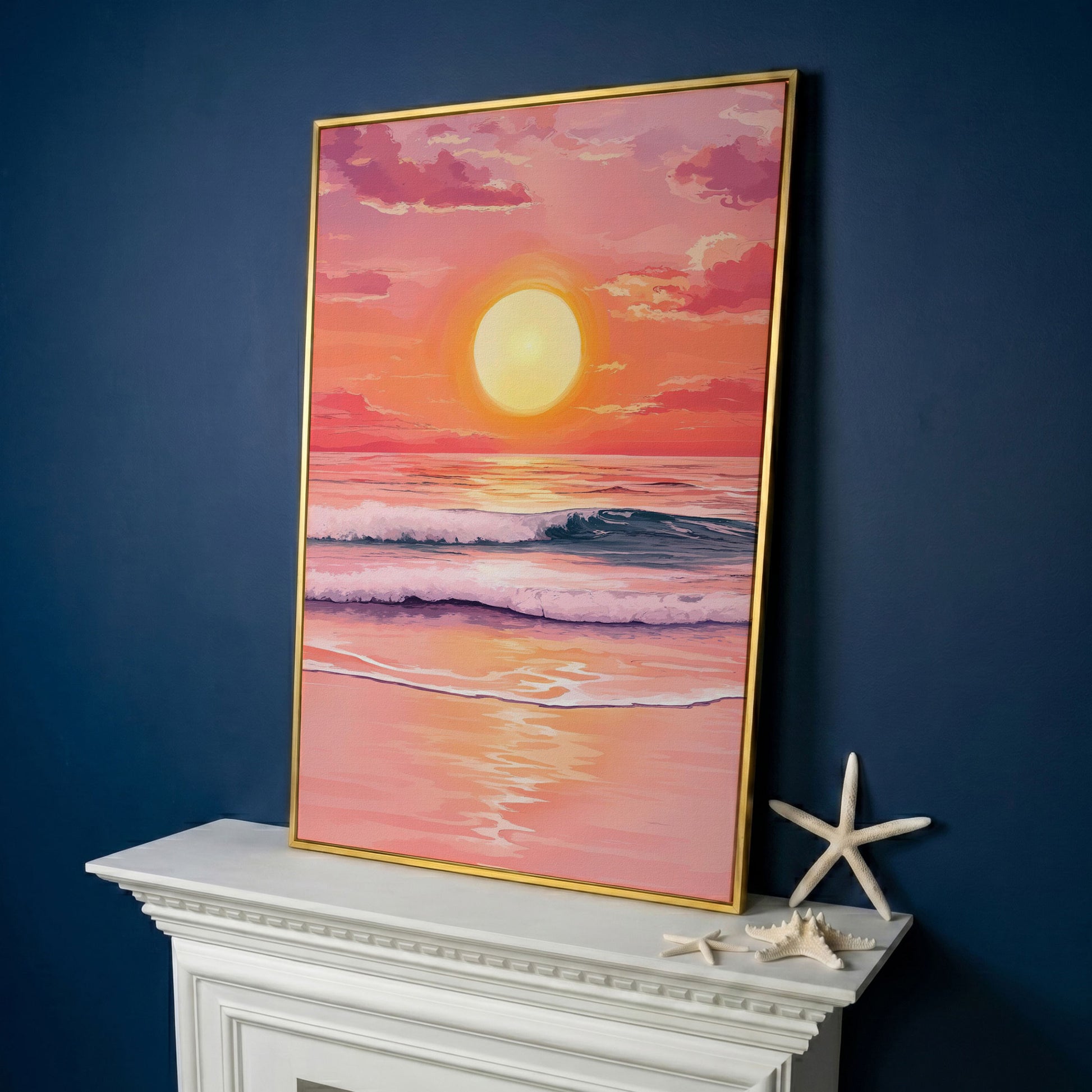 Sunset Over the Ocean Waves Canvas Wall Art in yellow gold floating frame