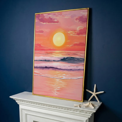 Sunset Over the Ocean Waves Canvas Wall Art in yellow gold floating frame