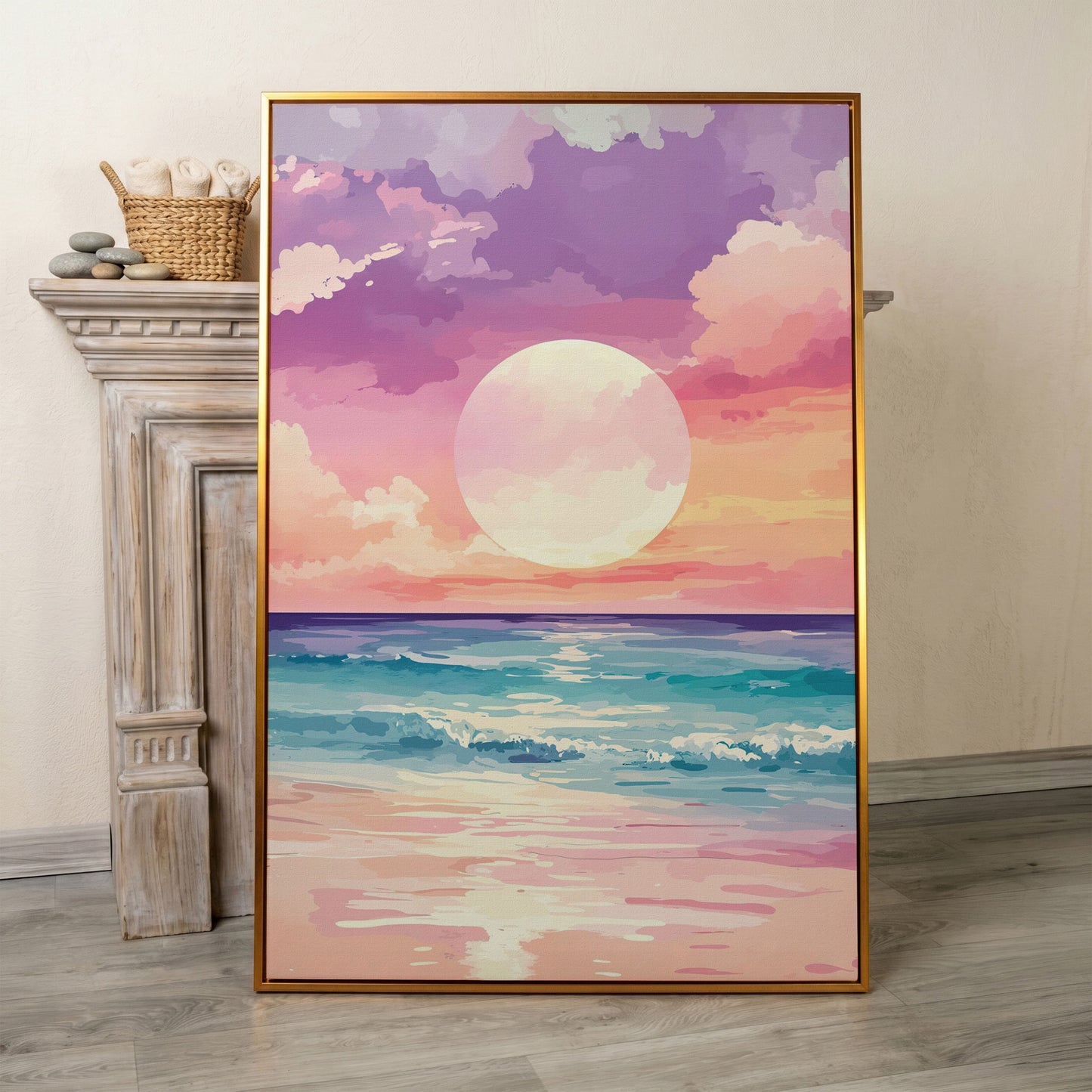 Ocean Sunset Canvas Print, Beach Wall Art, Portrait in antique gold floating frame