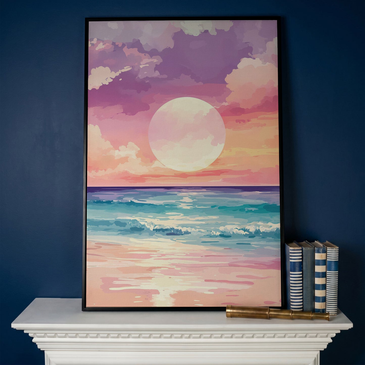 Ocean Sunset Canvas Print, Beach Wall Art, Portrait in black floating frame