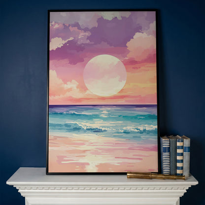 Ocean Sunset Canvas Print, Beach Wall Art, Portrait in black floating frame