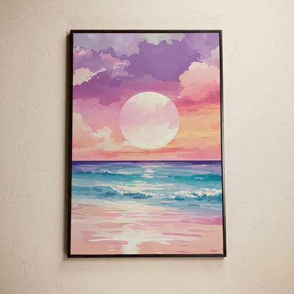 Ocean Sunset Canvas Print, Beach Wall Art, Portrait in dark walnut floating frame