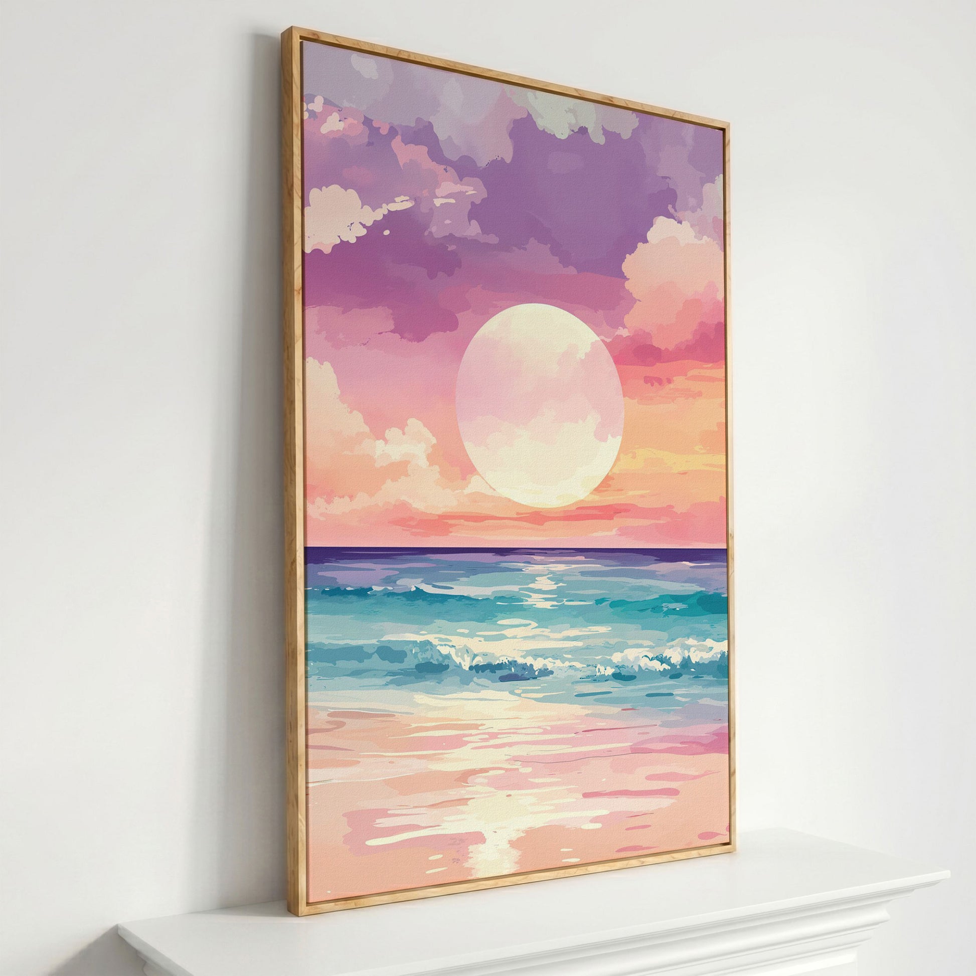 Ocean Sunset Canvas Print, Beach Wall Art, Portrait in white oak floating frame