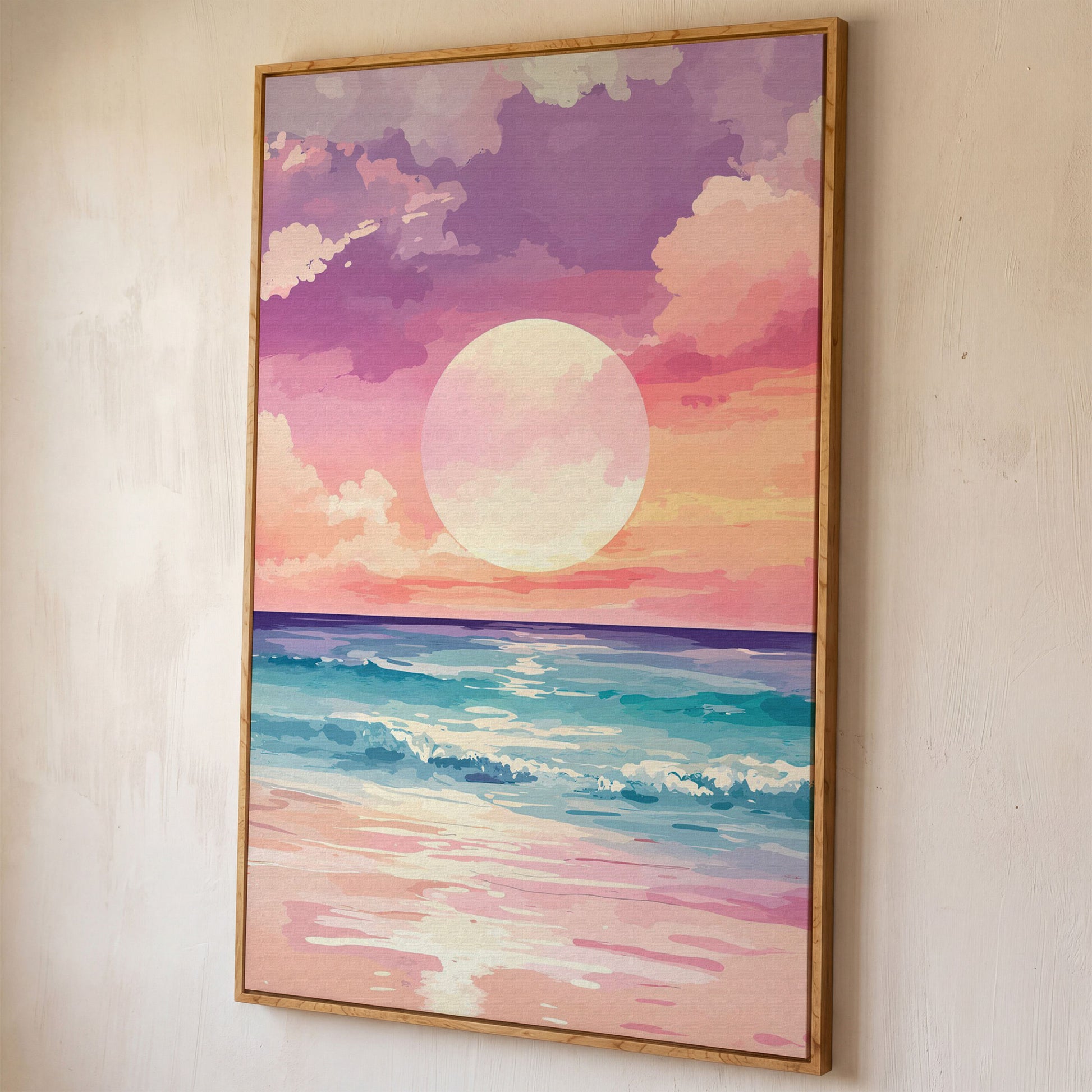 Ocean Sunset Canvas Print, Beach Wall Art, Portrait shown in white oak floating frame