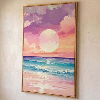Ocean Sunset Canvas Print, Beach Wall Art, Portrait shown in white oak floating frame
