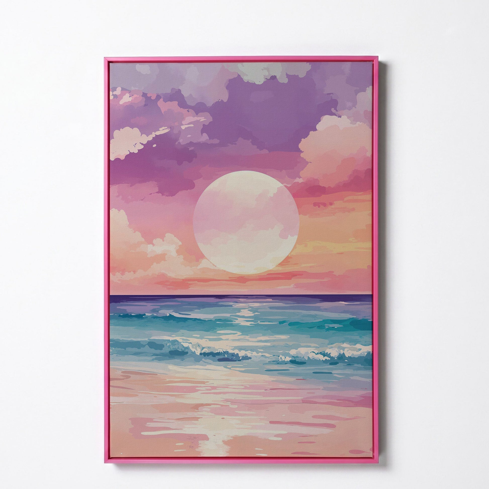 Ocean Sunset Canvas Print, Beach Wall Art, Portrait in pink floating frame
