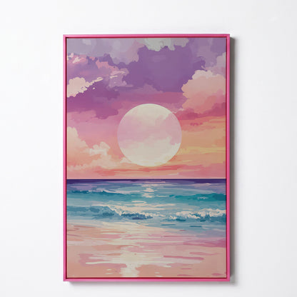 Ocean Sunset Canvas Print, Beach Wall Art, Portrait in pink floating frame