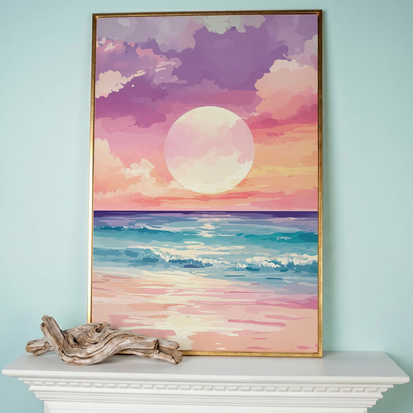 Ocean Sunset Canvas Print, Beach Wall Art, Portrait in rose gold floating frame