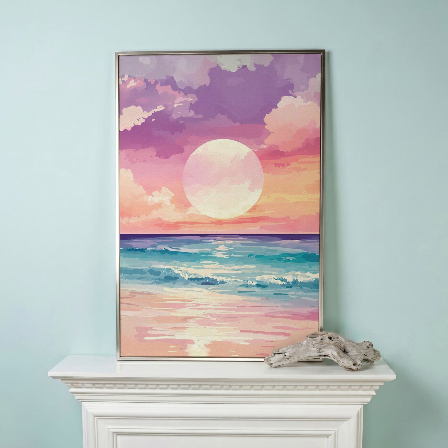Ocean Sunset Canvas Print, Beach Wall Art, Portrait in silver floating frame