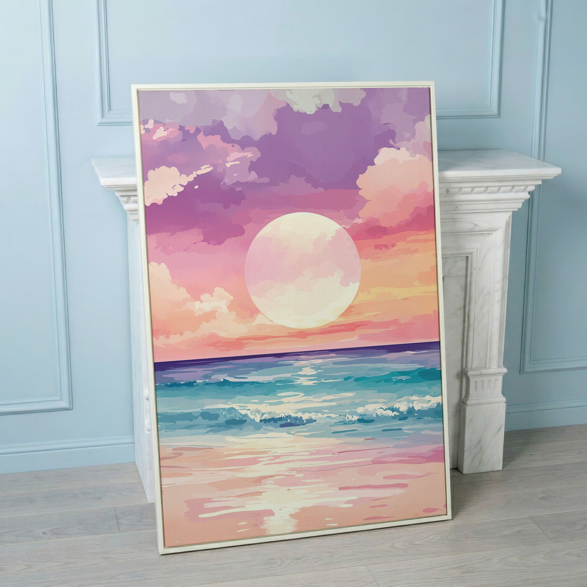 Ocean Sunset Canvas Print, Beach Wall Art, Portrait in white floating frame