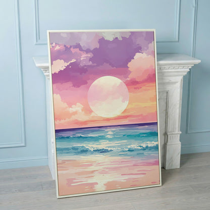 Ocean Sunset Canvas Print, Beach Wall Art, Portrait in white floating frame