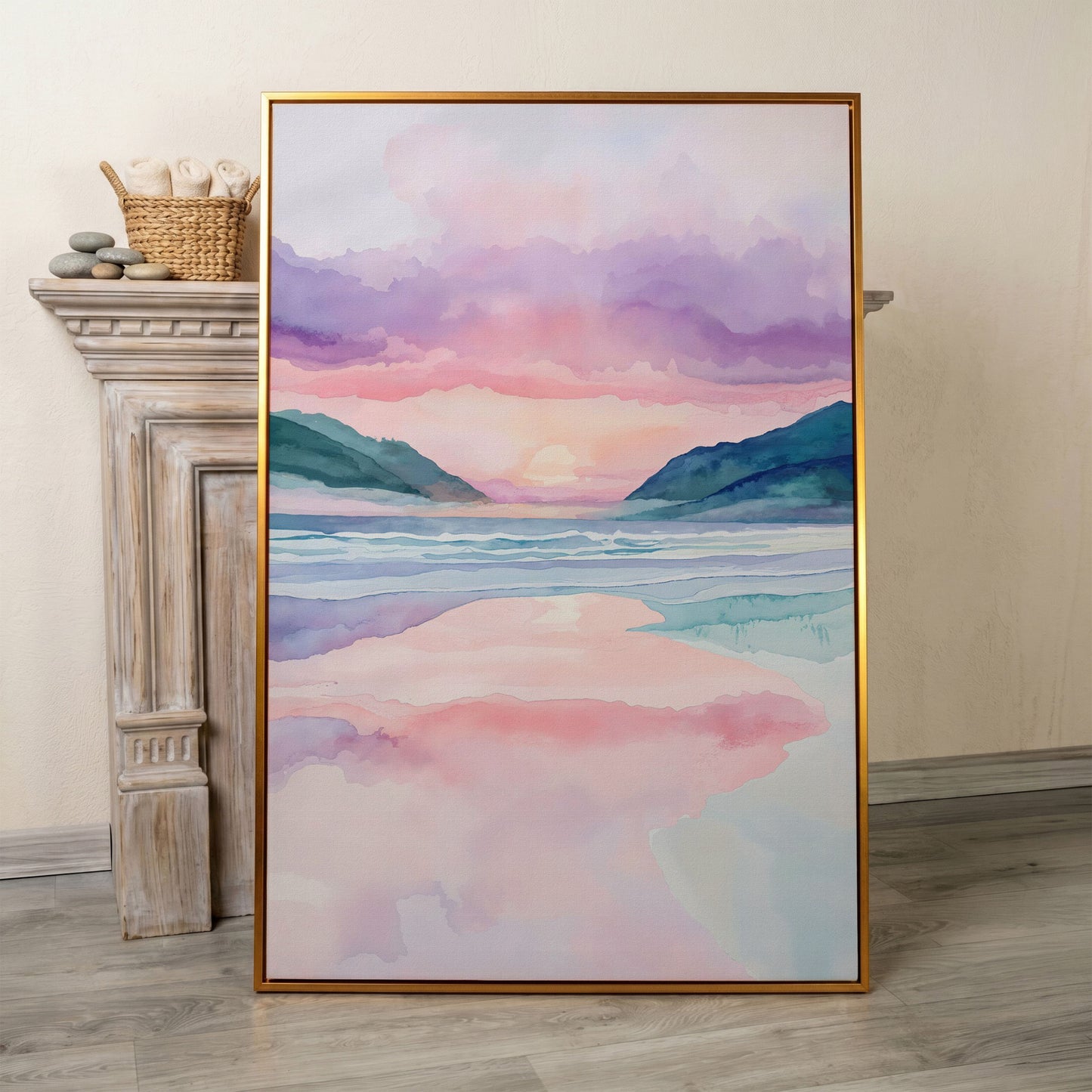 Abstract Seascape Canvas Art with Mountains and Sunset Glow in antique gold floating frame