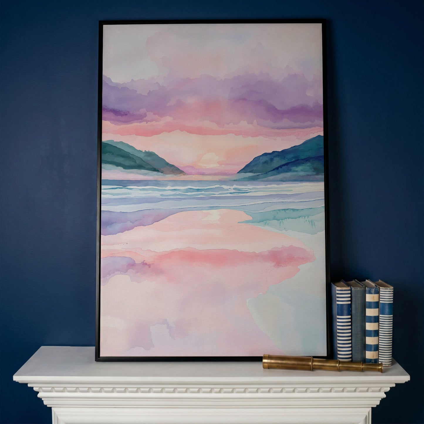 Abstract Seascape Canvas Art with Mountains and Sunset Glow in black floating frame