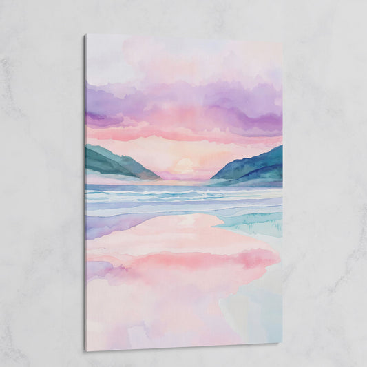 Abstract Seascape Canvas Art with Mountains and Sunset Glow on gallery wrap