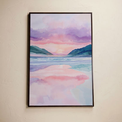 Abstract Seascape Canvas Art with Mountains and Sunset Glow in dark walnut floating frame