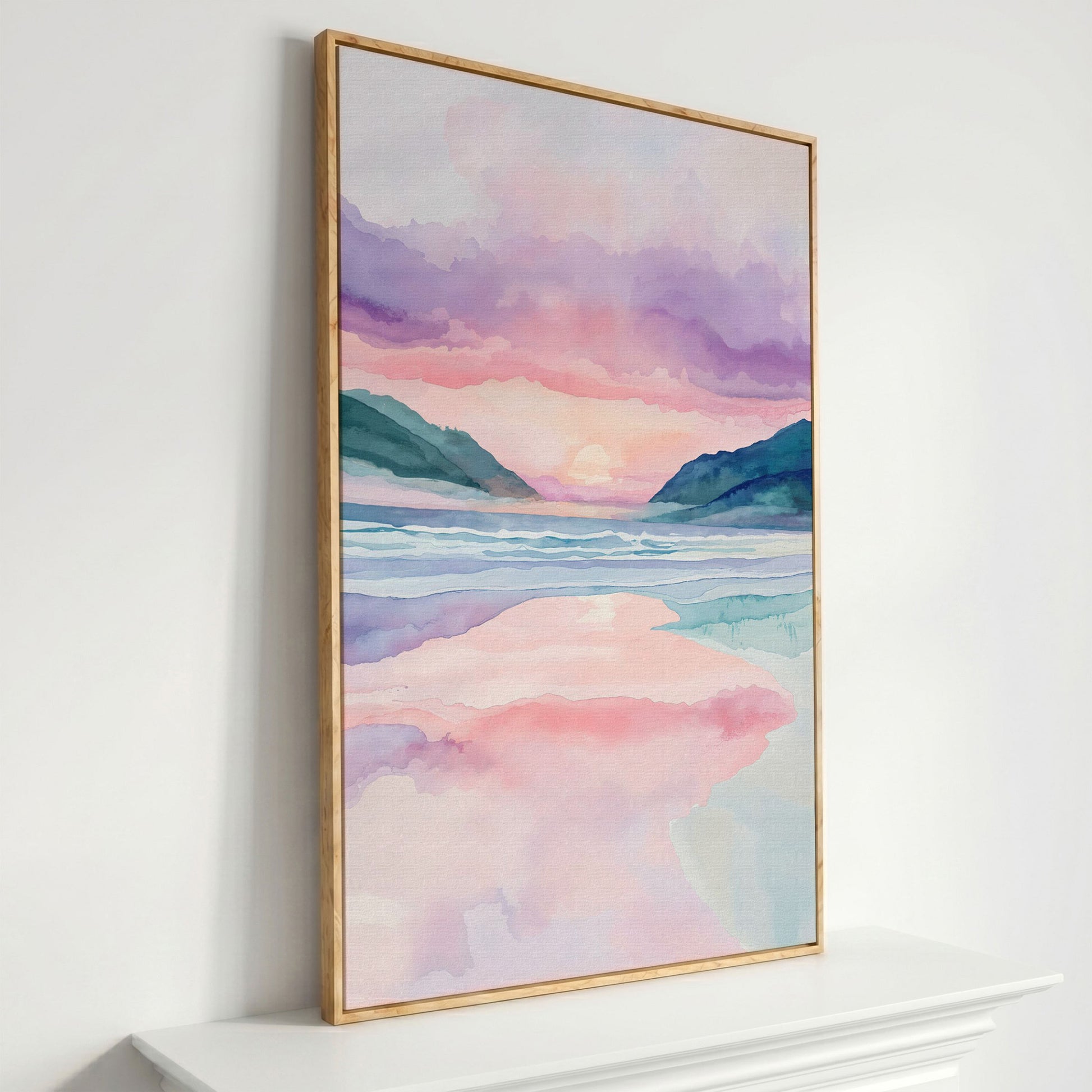 Abstract Seascape Canvas Art with Mountains and Sunset Glow in white oak floating frame