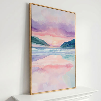 Abstract Seascape Canvas Art with Mountains and Sunset Glow in white oak floating frame