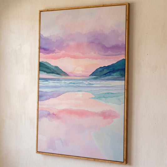 Abstract Seascape Canvas Art with Mountains and Sunset Glow shown in white oak floating frame